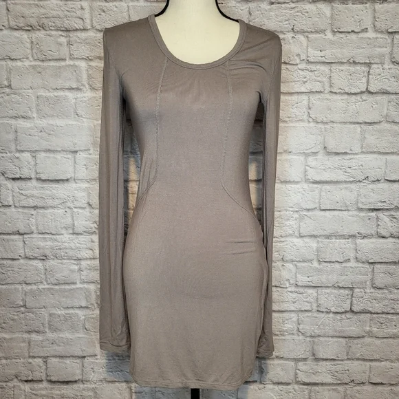 T Alexander Wang gray taupe body bodycon long sleeve scoop neck dress size  S Women
